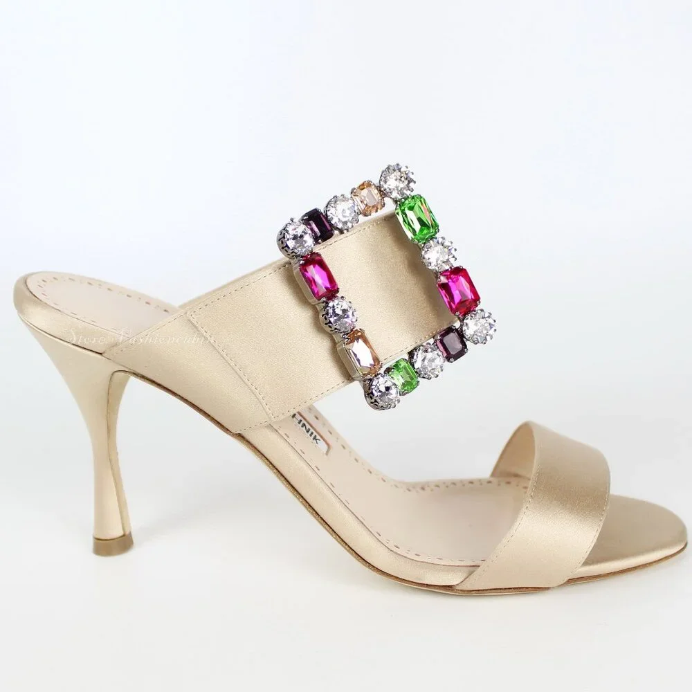 NEW Manolo Blahnik Verda 90 Crystal Buckle Satin Mule Sandals Nude EU 38.5